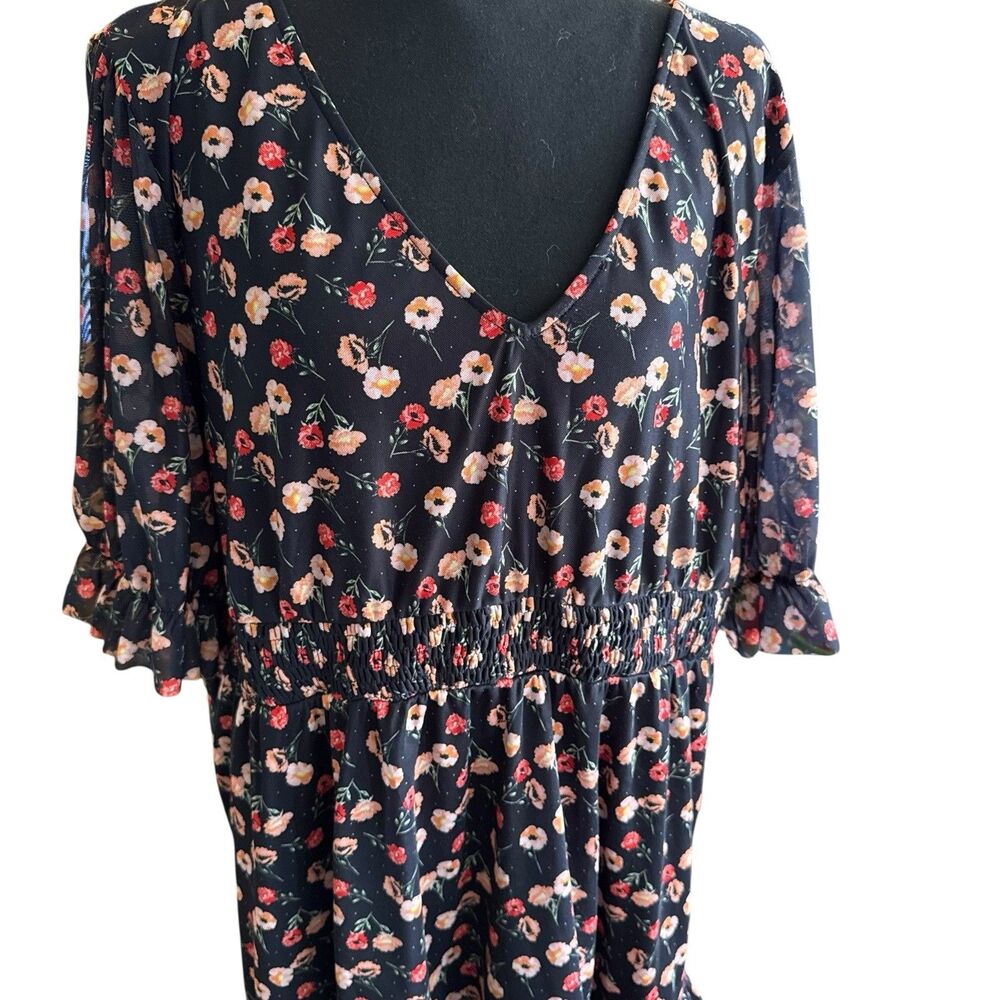 Suzanne Betro Midi Dress 2XL Black Floral Flowers‎ 3/4 Balloon Sleeve Plus - Picture 2 of 8